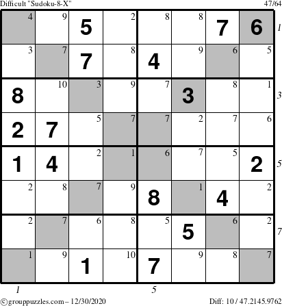 The grouppuzzles.com Difficult Sudoku-8-X puzzle for Wednesday December 30, 2020, suitable for printing, with all 10 steps marked