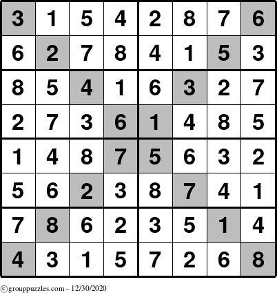 The grouppuzzles.com Answer grid for the Sudoku-8-X puzzle for Wednesday December 30, 2020