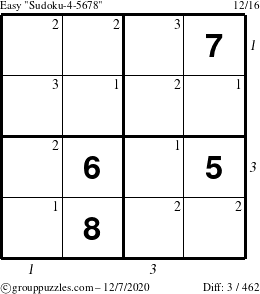 The grouppuzzles.com Easy Sudoku-4-5678 puzzle for Monday December 7, 2020 with all 3 steps marked