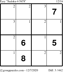 The grouppuzzles.com Easy Sudoku-4-5678 puzzle for Monday December 7, 2020 with the first 3 steps marked