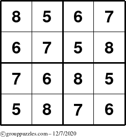 The grouppuzzles.com Answer grid for the Sudoku-4-5678 puzzle for Monday December 7, 2020