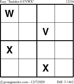 The grouppuzzles.com Easy Sudoku-4-UVWX puzzle for Monday December 7, 2020