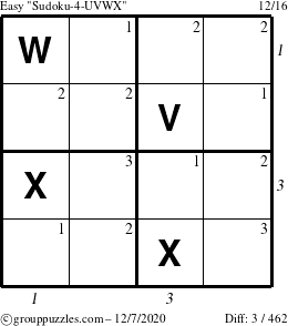 The grouppuzzles.com Easy Sudoku-4-UVWX puzzle for Monday December 7, 2020 with all 3 steps marked