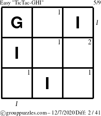 The grouppuzzles.com Easy TicTac-GHI puzzle for Monday December 7, 2020 with all 2 steps marked