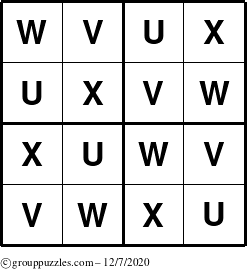 The grouppuzzles.com Answer grid for the Sudoku-4-UVWX puzzle for Monday December 7, 2020