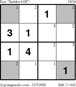 The grouppuzzles.com Easy Sudoku-4-OC puzzle for Monday December 7, 2020 with the first 3 steps marked