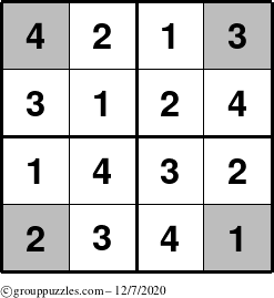 The grouppuzzles.com Answer grid for the Sudoku-4-OC puzzle for Monday December 7, 2020