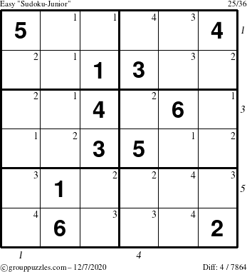 The grouppuzzles.com Easy Sudoku-Junior puzzle for Monday December 7, 2020 with all 4 steps marked