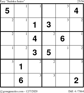 The grouppuzzles.com Easy Sudoku-Junior puzzle for Monday December 7, 2020 with the first 3 steps marked