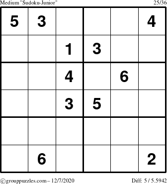 The grouppuzzles.com Medium Sudoku-Junior puzzle for Monday December 7, 2020