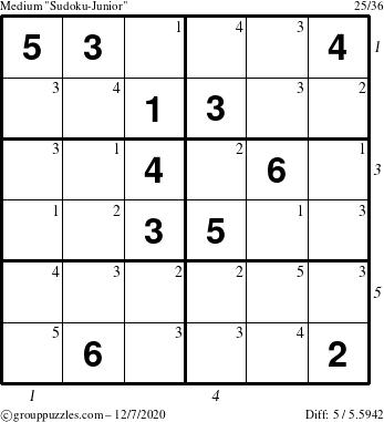 The grouppuzzles.com Medium Sudoku-Junior puzzle for Monday December 7, 2020 with all 5 steps marked