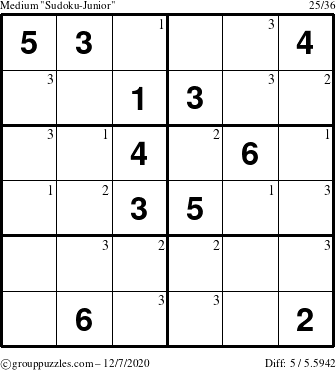 The grouppuzzles.com Medium Sudoku-Junior puzzle for Monday December 7, 2020 with the first 3 steps marked