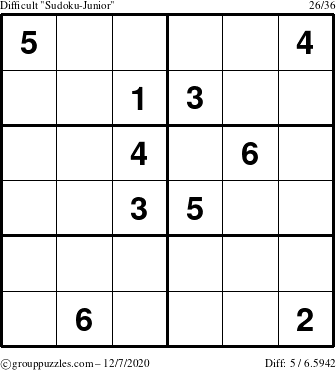 The grouppuzzles.com Difficult Sudoku-Junior puzzle for Monday December 7, 2020