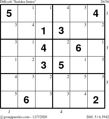 The grouppuzzles.com Difficult Sudoku-Junior puzzle for Monday December 7, 2020, suitable for printing, with all 5 steps marked