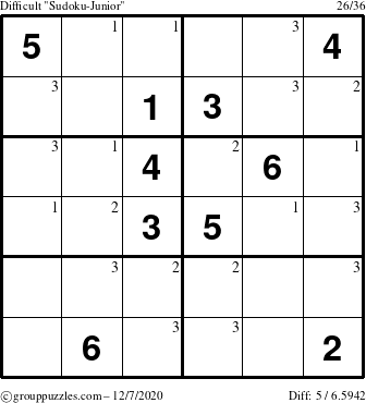 The grouppuzzles.com Difficult Sudoku-Junior puzzle for Monday December 7, 2020 with the first 3 steps marked