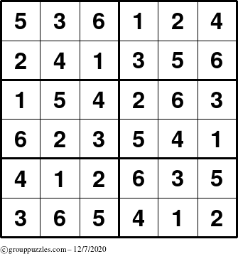 The grouppuzzles.com Answer grid for the Sudoku-Junior puzzle for Monday December 7, 2020