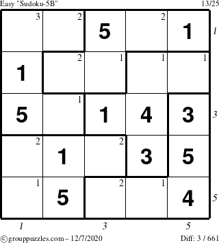 The grouppuzzles.com Easy Sudoku-5B puzzle for Monday December 7, 2020 with all 3 steps marked