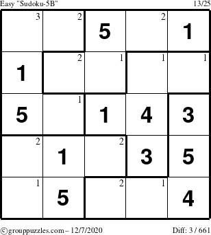 The grouppuzzles.com Easy Sudoku-5B puzzle for Monday December 7, 2020 with the first 3 steps marked