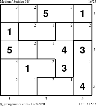 The grouppuzzles.com Medium Sudoku-5B puzzle for Monday December 7, 2020 with all 3 steps marked