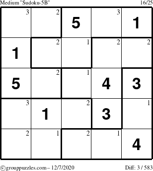 The grouppuzzles.com Medium Sudoku-5B puzzle for Monday December 7, 2020 with the first 3 steps marked