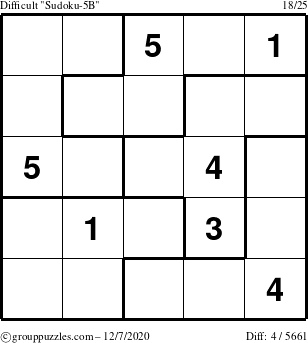 The grouppuzzles.com Difficult Sudoku-5B puzzle for Monday December 7, 2020