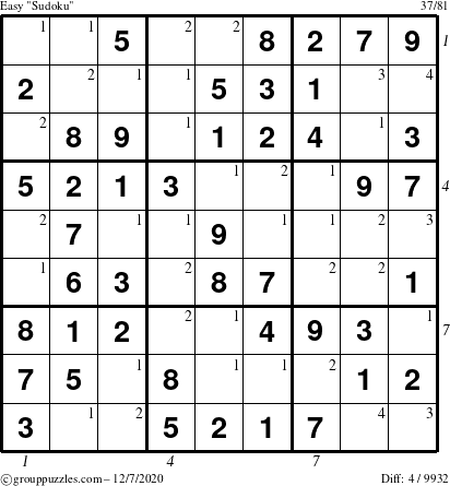 The grouppuzzles.com Easy Sudoku puzzle for Monday December 7, 2020 with all 4 steps marked