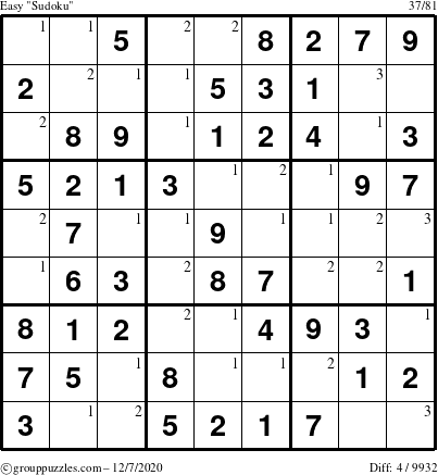 The grouppuzzles.com Easy Sudoku puzzle for Monday December 7, 2020 with the first 3 steps marked