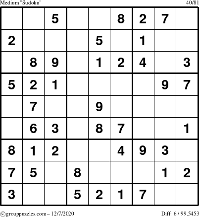 The grouppuzzles.com Medium Sudoku puzzle for Monday December 7, 2020