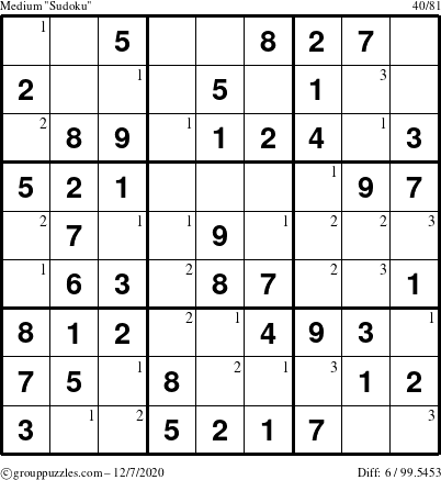 The grouppuzzles.com Medium Sudoku puzzle for Monday December 7, 2020 with the first 3 steps marked