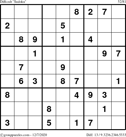 The grouppuzzles.com Difficult Sudoku puzzle for Monday December 7, 2020