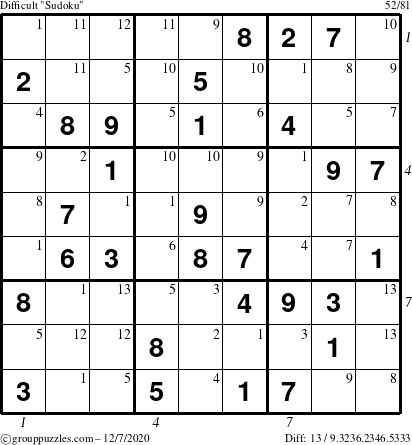 The grouppuzzles.com Difficult Sudoku puzzle for Monday December 7, 2020 with all 13 steps marked