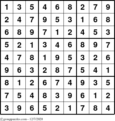 The grouppuzzles.com Answer grid for the Sudoku puzzle for Monday December 7, 2020