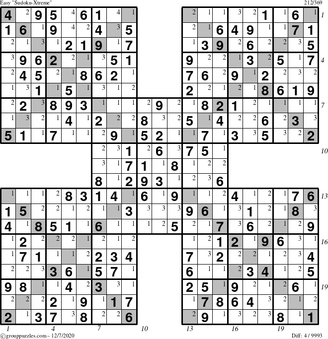 The grouppuzzles.com Easy Sudoku-Xtreme puzzle for Monday December 7, 2020 with all 4 steps marked