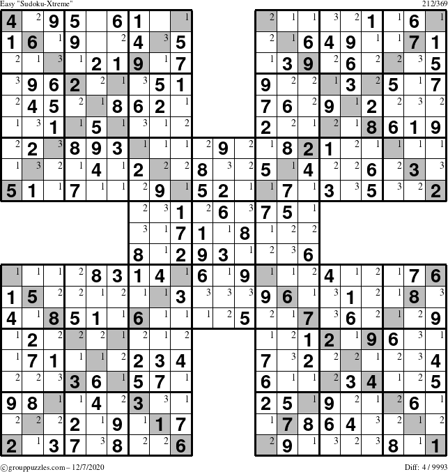 The grouppuzzles.com Easy Sudoku-Xtreme puzzle for Monday December 7, 2020 with the first 3 steps marked