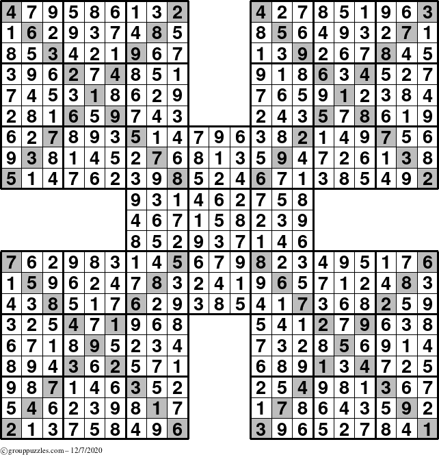 The grouppuzzles.com Answer grid for the Sudoku-Xtreme puzzle for Monday December 7, 2020