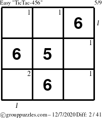 The grouppuzzles.com Easy TicTac-456 puzzle for Monday December 7, 2020, suitable for printing, with all 2 steps marked