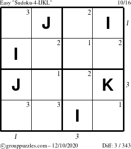 The grouppuzzles.com Easy Sudoku-4-IJKL puzzle for Thursday December 10, 2020, suitable for printing, with all 3 steps marked