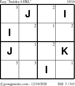 The grouppuzzles.com Easy Sudoku-4-IJKL puzzle for Thursday December 10, 2020 with the first 3 steps marked