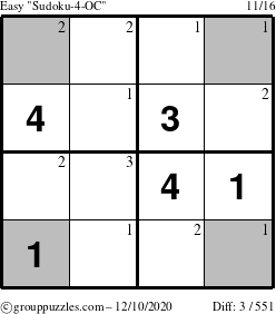 The grouppuzzles.com Easy Sudoku-4-OC puzzle for Thursday December 10, 2020 with the first 3 steps marked