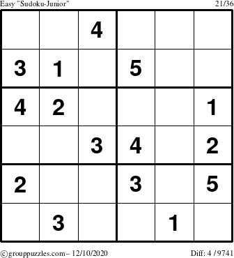 The grouppuzzles.com Easy Sudoku-Junior puzzle for Thursday December 10, 2020