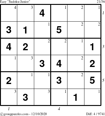 The grouppuzzles.com Easy Sudoku-Junior puzzle for Thursday December 10, 2020 with all 4 steps marked