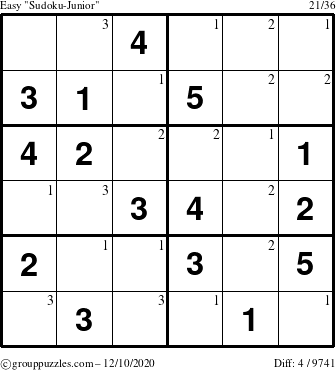 The grouppuzzles.com Easy Sudoku-Junior puzzle for Thursday December 10, 2020 with the first 3 steps marked