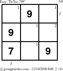 The grouppuzzles.com Easy TicTac-789 puzzle for Thursday December 10, 2020, suitable for printing, with all 2 steps marked