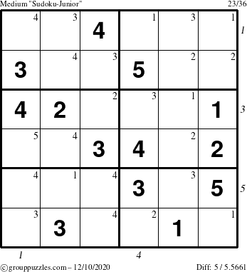 The grouppuzzles.com Medium Sudoku-Junior puzzle for Thursday December 10, 2020 with all 5 steps marked