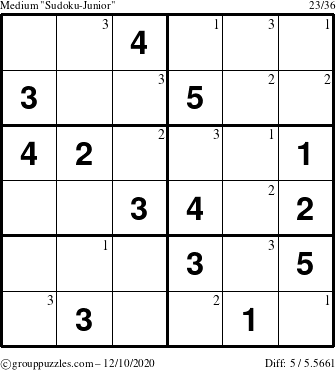 The grouppuzzles.com Medium Sudoku-Junior puzzle for Thursday December 10, 2020 with the first 3 steps marked