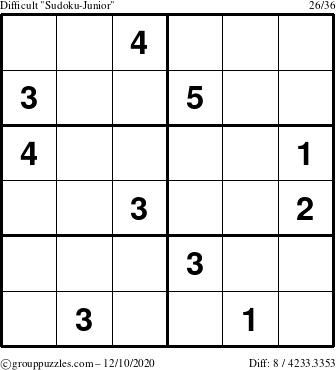 The grouppuzzles.com Difficult Sudoku-Junior puzzle for Thursday December 10, 2020