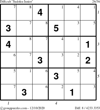 The grouppuzzles.com Difficult Sudoku-Junior puzzle for Thursday December 10, 2020 with all 8 steps marked