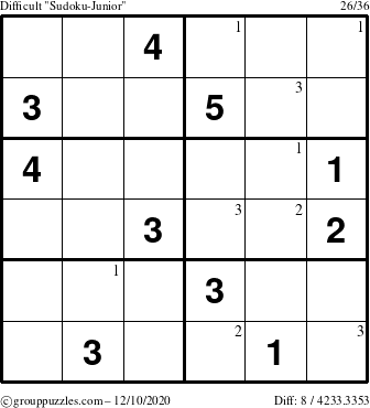 The grouppuzzles.com Difficult Sudoku-Junior puzzle for Thursday December 10, 2020 with the first 3 steps marked