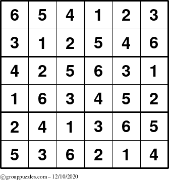 The grouppuzzles.com Answer grid for the Sudoku-Junior puzzle for Thursday December 10, 2020