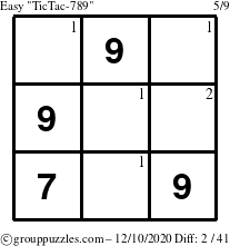 The grouppuzzles.com Easy TicTac-789 puzzle for Thursday December 10, 2020 with the first 2 steps marked